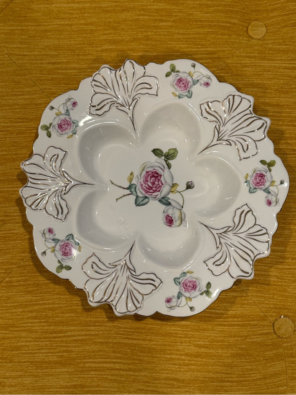 Porcelain Floral Oyster Platter in White with Pink Rose Accents